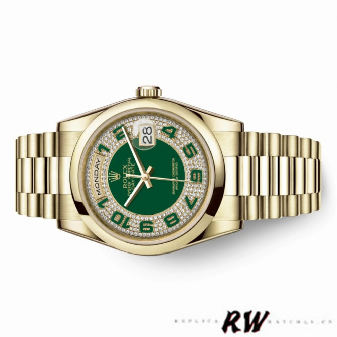 Replica Rolex Day-Date 118208 Yellow Gold Green Diamond Paved Arabic Dial 36mm Unisex Watch