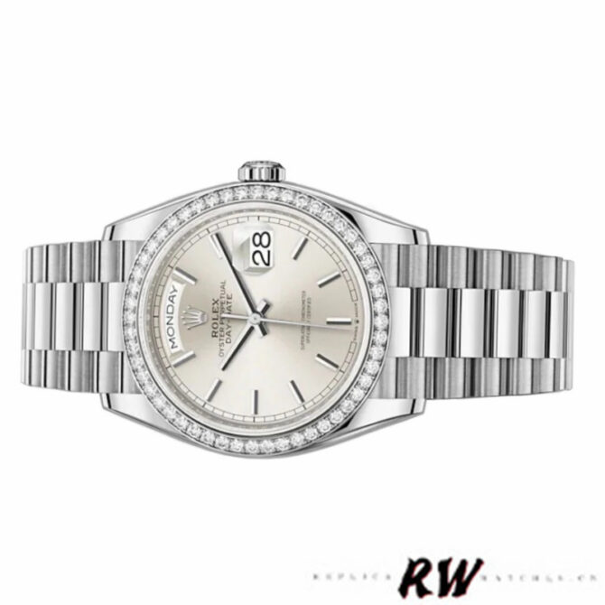 Replica Rolex Day-Date 128349RBR White Roman Dial Diamond Bezel 36MM Unisex Watch