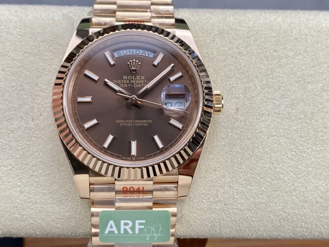 Replica Rolex Day-Date 228235 Chocolate Brown Dial Fluted Bezel 40mm Mens Watch