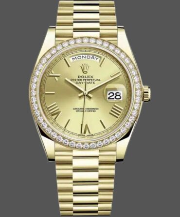 Replica Rolex Day-Date 228398TBR Champagne Roman Numeral Dial Diamond Bezel 40mm Mens Watch