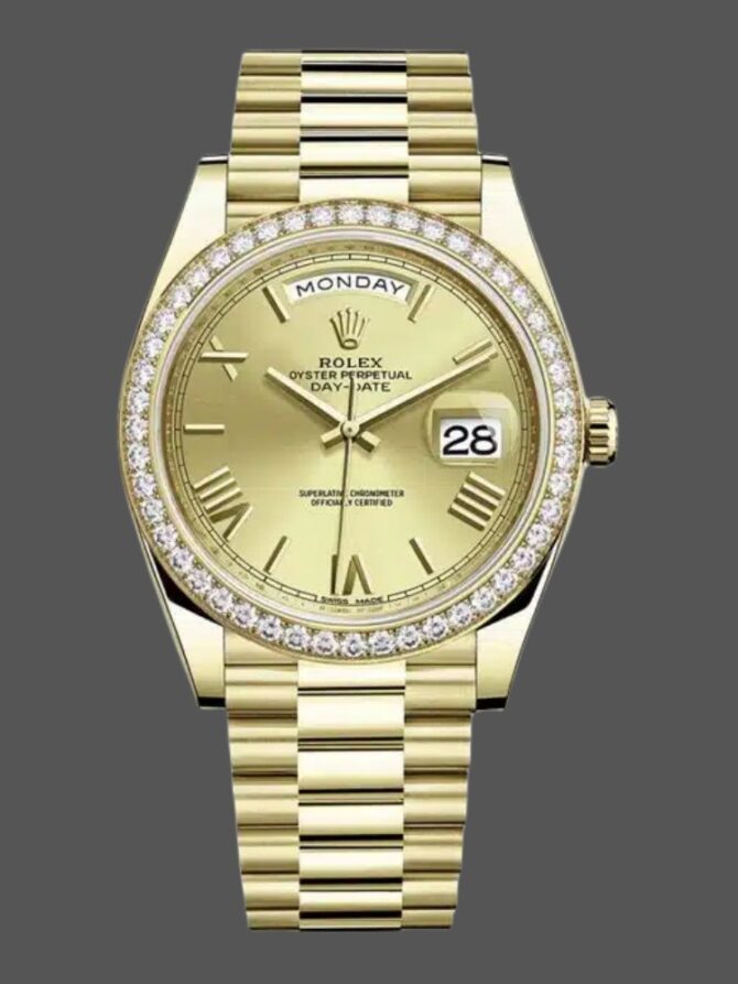 Replica Rolex Day-Date 228398TBR Champagne Roman Numeral Dial Diamond Bezel 40mm Mens Watch