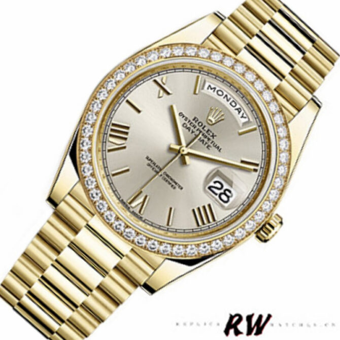 Replica Rolex Day-Date 228348RBR Silver Roman Dial Diamond Bezel 40mm Mens Watch