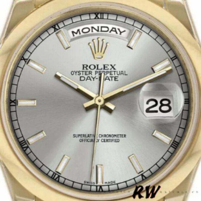 Replica Rolex Day-Date 118208 Silver Dial Domed Bezel 36mm Unisex Watch