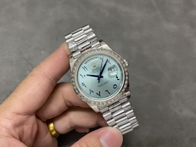Replica Rolex Day-Date 40mm Platinum Ice Blue Arabic Dial Diamond Bezel 228396TBR Men's Watch