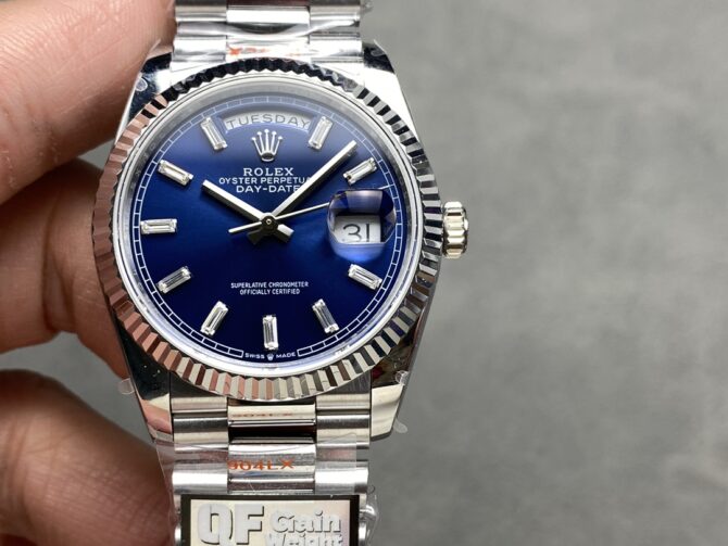 Replica Rolex Day Date 36 36mm Bright Blue Diamond-Set Dial Fluted Bezel Presi m128236 0023