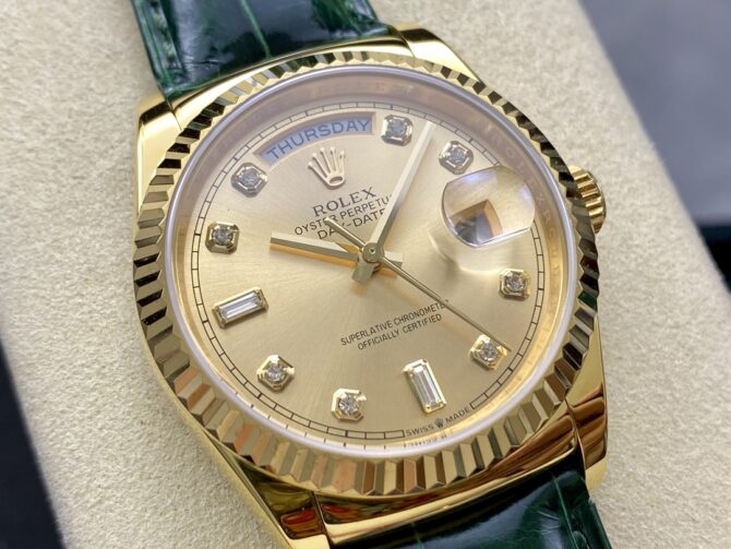 Replica Rolex Day Date 36 Yellow Gold Champagne Dial 118138 0148 Green Leather Strap