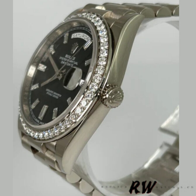 Replica Rolex Day-Date 228349RBR Black Dial Diamond Bezel 40mm Mens Watch