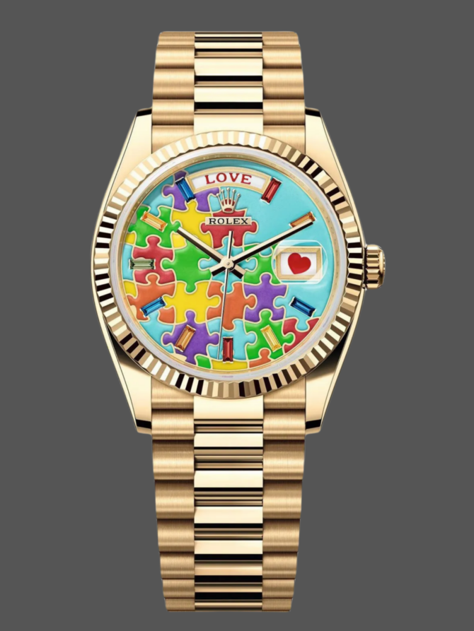 Replica Rolex Day Date 128238-0106 36mm Yellow Gold Fluted Bezel Emoji Puzzle Dial