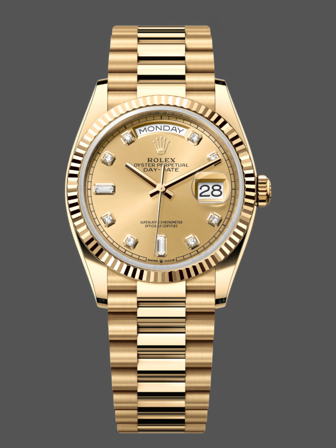 Replica Rolex Day-Date 128238 0008 Fluted Bezel Champagne Diamond Dial 36MM Unisex Watch