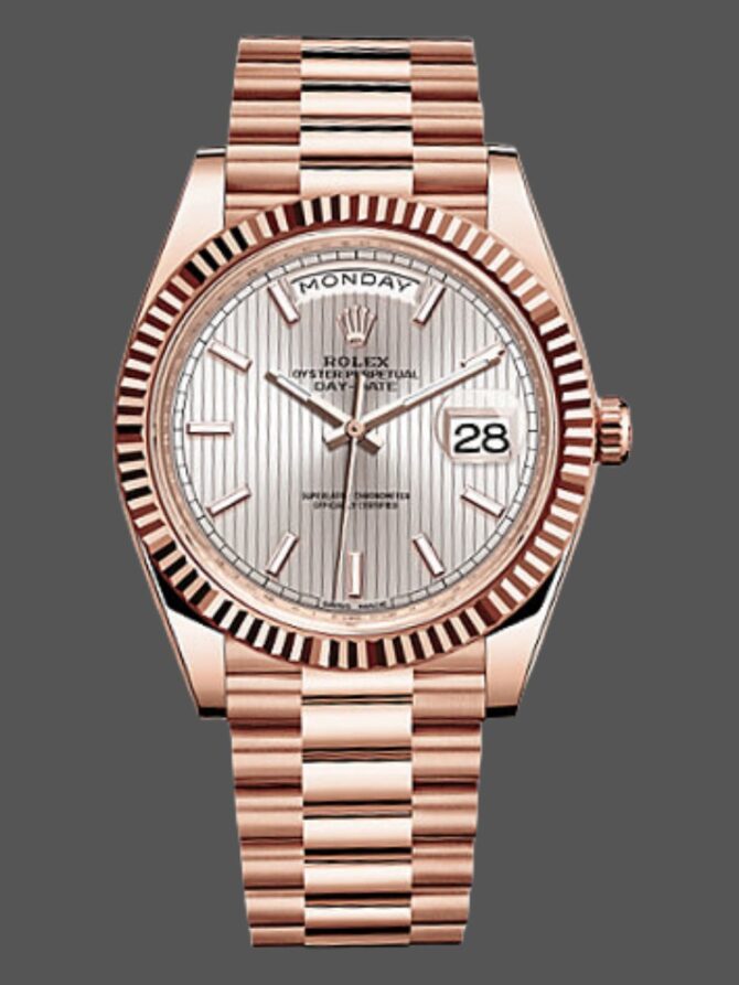 Replica Rolex Day-Date 228235 Sundust Stripe Motif Dial Fluted Bezel 40mm Mens Watch