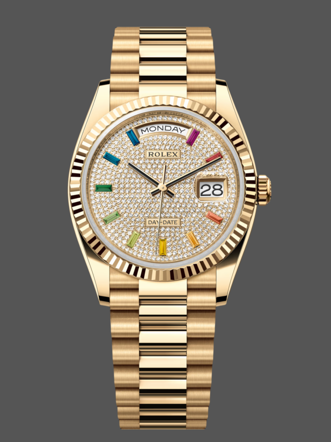 Replica Rolex Day Date 36mm Yellow Gold 128238 0051 Pave Rainbow Diamond Dial Fluted Bezel