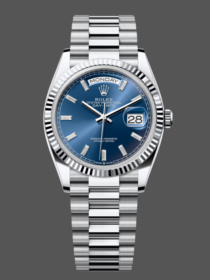 Replica Rolex Day Date 36 36mm Bright Blue Diamond-Set Dial Fluted Bezel Presi m128236 0023