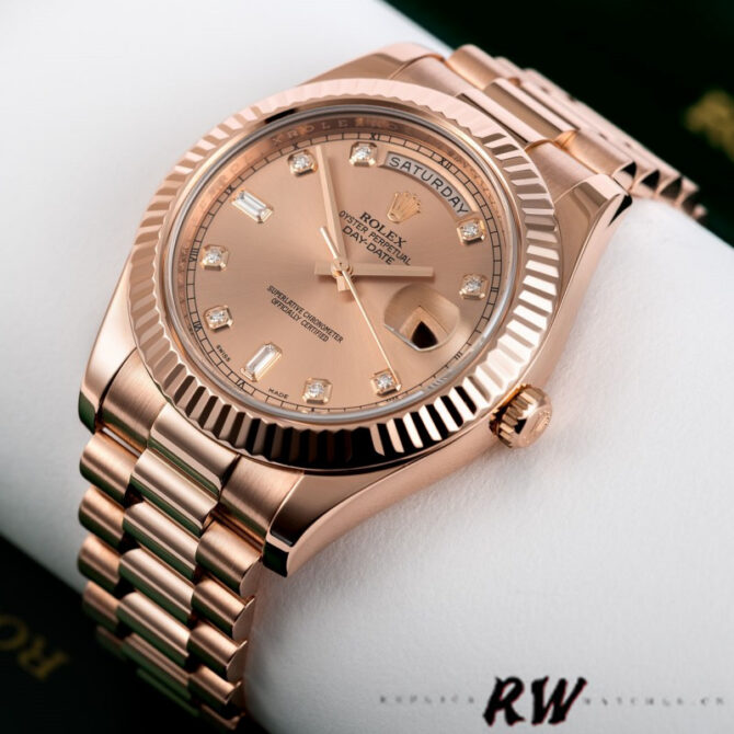Replica Rolex Day-Date 218235 Champagne Diamonds Dial Rose Gold 41MM Mens Watch