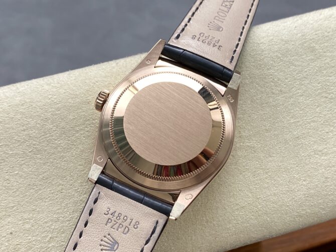 Replica Rolex Day Date 36 Everose Gold Black Dial 118135 0063 Leather Watch
