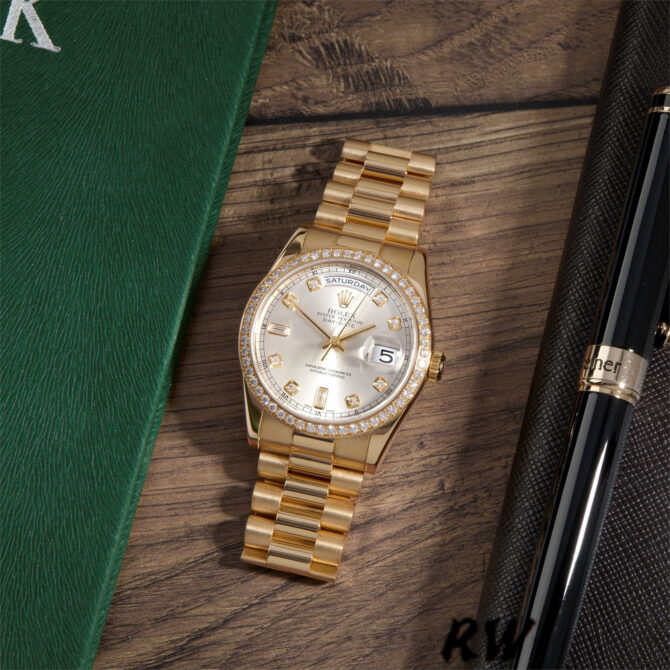 Replica Rolex Day-Date 118348 Silver Diamond Dial 36mm Unisex Watch