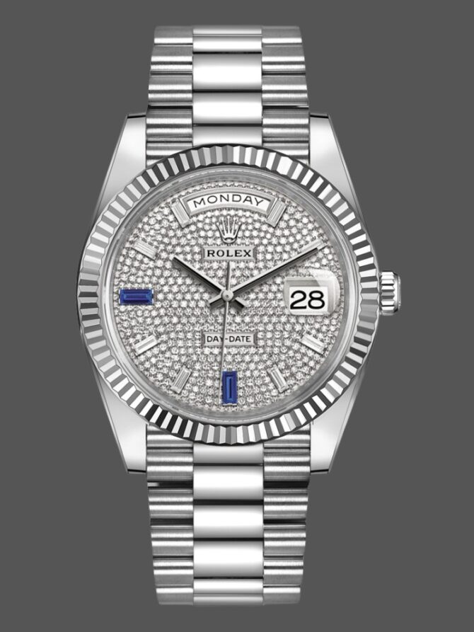 Replica Rolex Day-Date 228239 Diamond Paved Dial Fluted Bezel 40mm Mens Watch