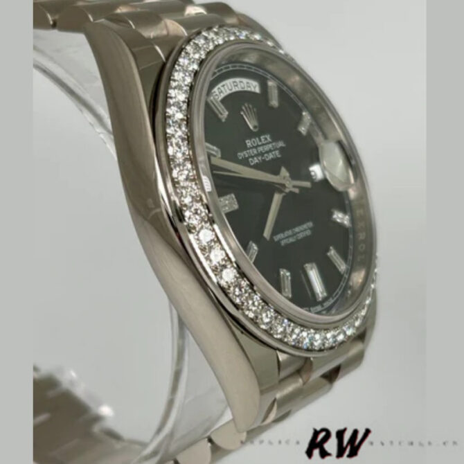 Replica Rolex Day-Date 228349RBR Black Dial Diamond Bezel 40mm Mens Watch