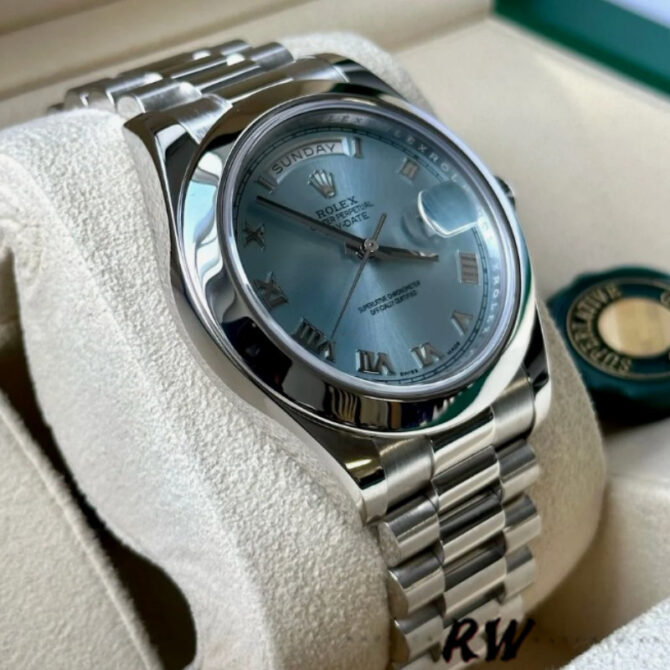 Replica Rolex Day-Date 218206 Ice Blue Roman Numeral Dial Platinum 41MM Mens Watch