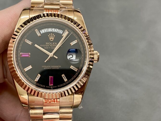 Replica Rolex Day-Date 218235 Diamonds and Rubies Black Dial Rose Gold 41MM Mens Watch