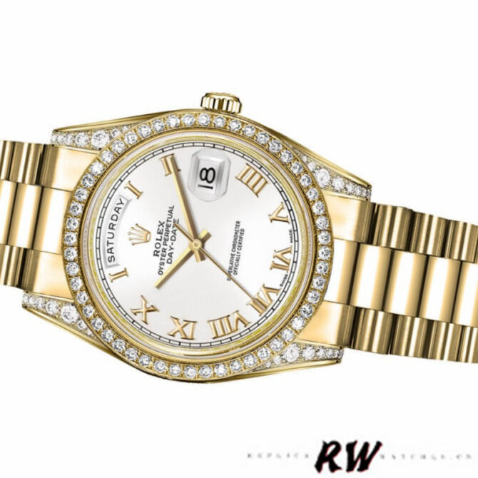 Replica Rolex Day-Date 118388 Yellow Gold White Roman Numeral Dial 36MM Unisex Watch