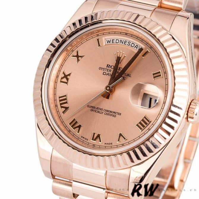 Replica Rolex Day-Date 218235 Pink Roman Numerals Dial Rose Gold 41MM Mens Watch