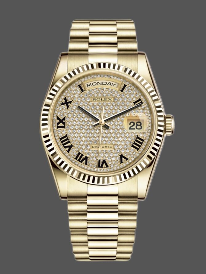 Replica Rolex Day-Date 118238 Pave diamond dial 36mm Unisex Watch