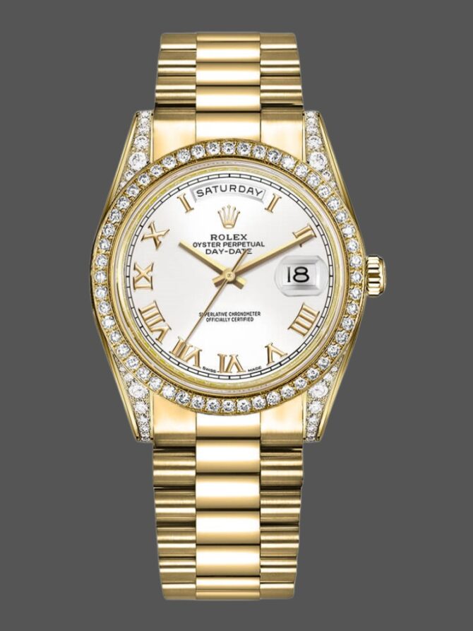 Replica Rolex Day-Date 118388 Yellow Gold White Roman Numeral Dial 36MM Unisex Watch