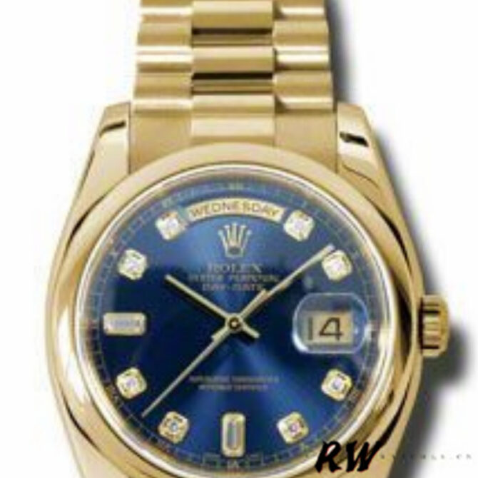 Replica Rolex Day-Date 118208 Yellow Gold Blue Diamond Dial 36mm Unisex Watch