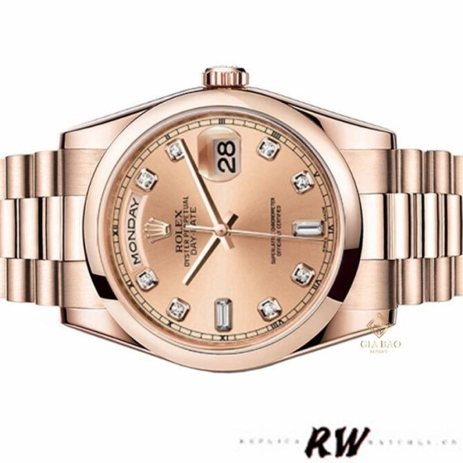 Replica Rolex Day-Date 118205 Rose Gold Champagne Diamond Dial 36mm Unisex Watch