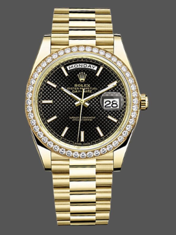 Replica Rolex Day-Date 228348RBR Black Diagonal Motif Dial Diamond Bezel 40mm Mens Watch