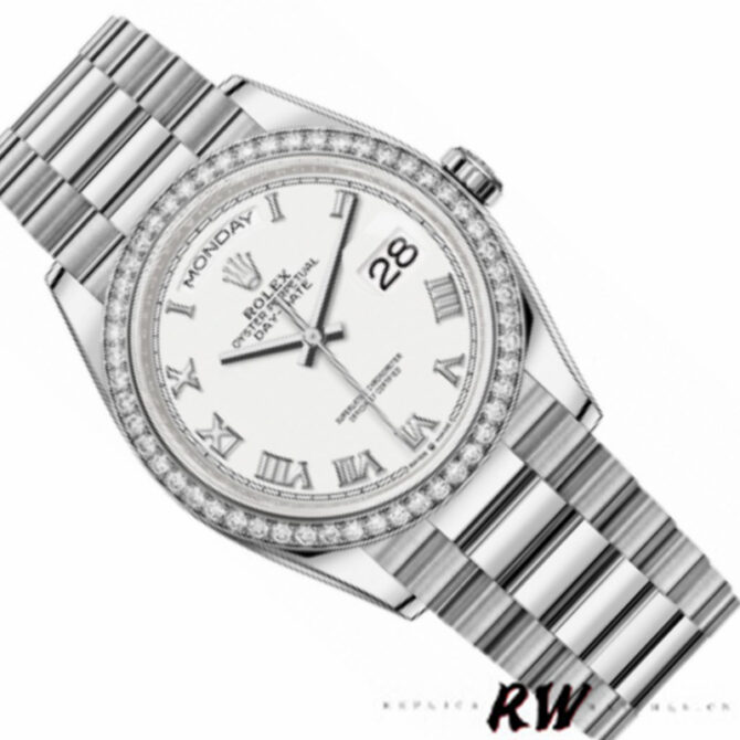 Replica Rolex Day-Date 128349RBR White Roman Dial Diamond Bezel 36MM Unisex Watch