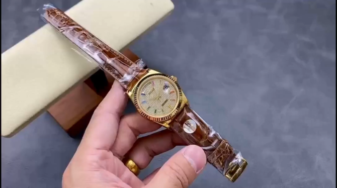 Replica Rolex Day Date 36mm Yellow Gold 128238 0051 Pave Rainbow Diamond Dial Fluted Bezel