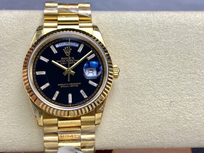 Replica Rolex Day-Date 228238 Black Diamond Dial Fluted Bezel 40mm Mens Watch