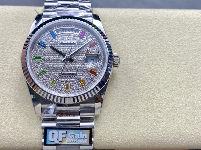 Replica Rolex Day Date 36mm White Gold 128239 0016 Pave Rainbow Diamond Dial