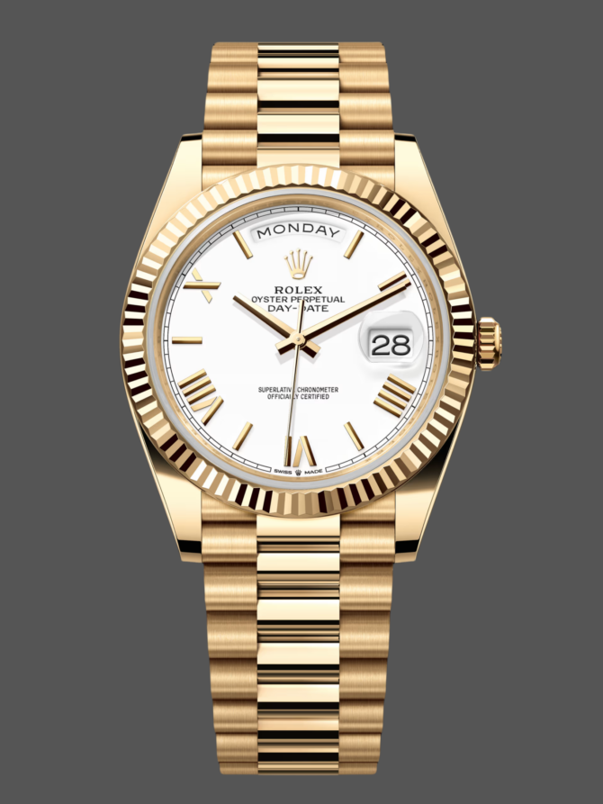 Replica Rolex Day-Date 228238 White Roman Dial Fluted Bezel 40mm Mens Watch