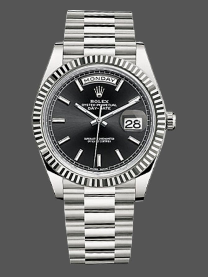 Replica Rolex Day-Date 228239 Black Index Dial Fluted Bezel 40mm Mens Watch