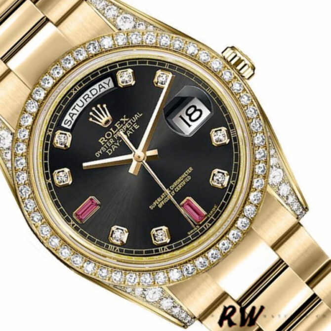 Replica Rolex Day-Date 118388 Black Diamond Rubies Dial 36mm Unisex Watch