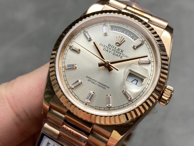 Replica Rolex Day-Date 228235 Sundust Index Dial Fluted Bezel 40mm Mens Watch