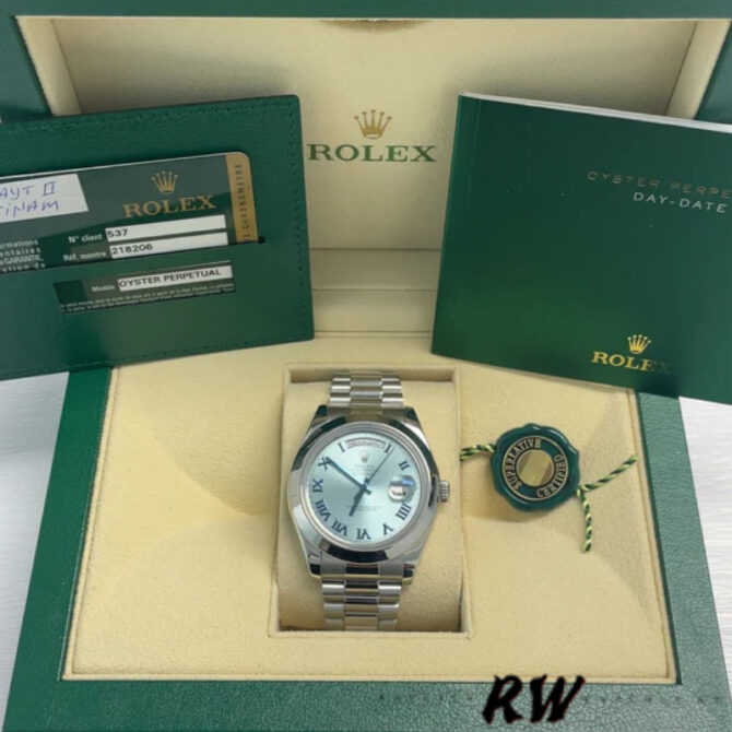 Replica Rolex Day-Date 218206 Ice Blue Roman Numeral Dial Platinum 41MM Mens Watch