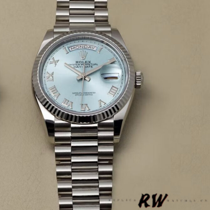 Replica Rolex Day-Date 118206 Ice Blue Roman Numeral Dial 36mm Unisex Watch