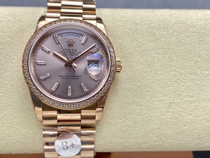 Replica Rolex Day-Date 228345RBR 0007 Sundust Diamond Dial Diamond Bezel 40mm Mens Watch