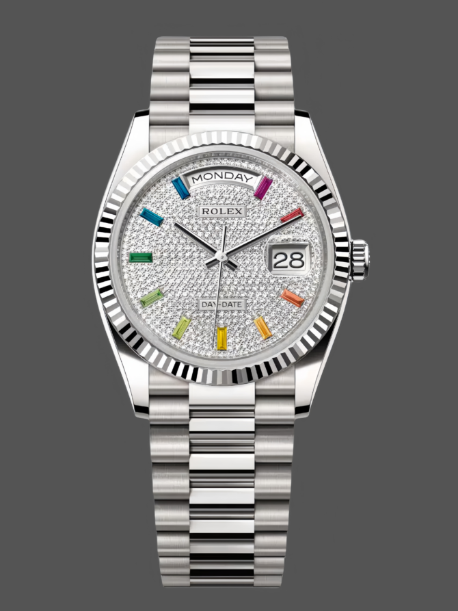 Replica Rolex Day Date 36mm White Gold 128239 0016 Pave Rainbow Diamond Dial