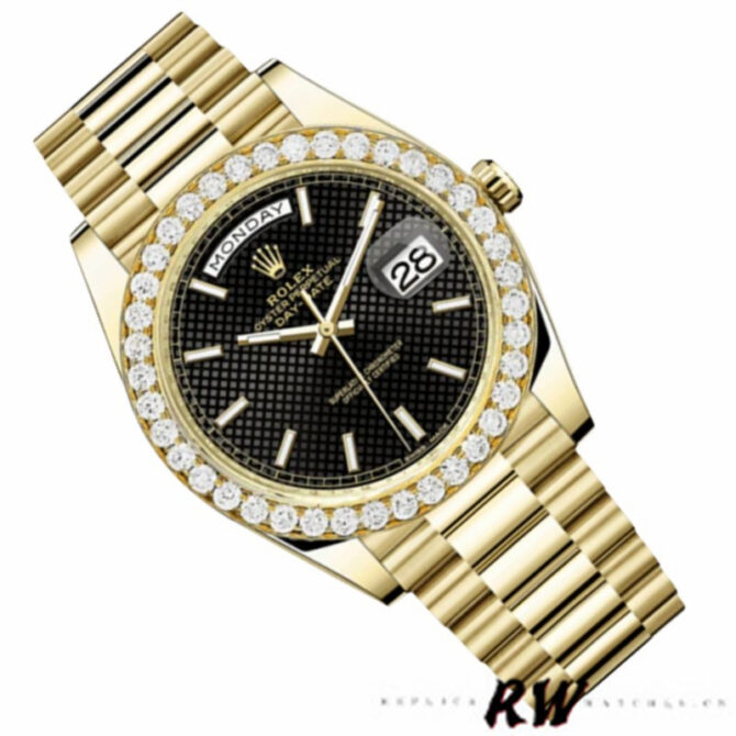 Replica Rolex Day-Date 228348RBR Black Diagonal Motif Dial Diamond Bezel 40mm Mens Watch