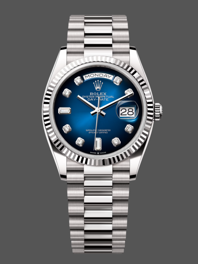 Replica Rolex Day-Date 128239 Blue Ombre Diamond Dial 36MM Unisex Watch