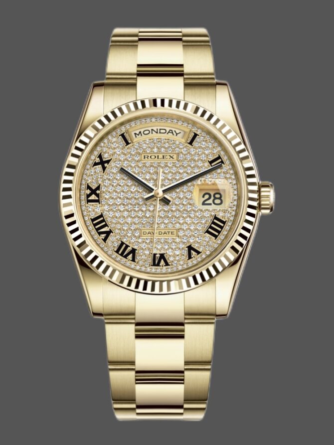 Replica Rolex Day-Date 118238 Yellow Gold Pave diamond dial 36mm Unisex Watch