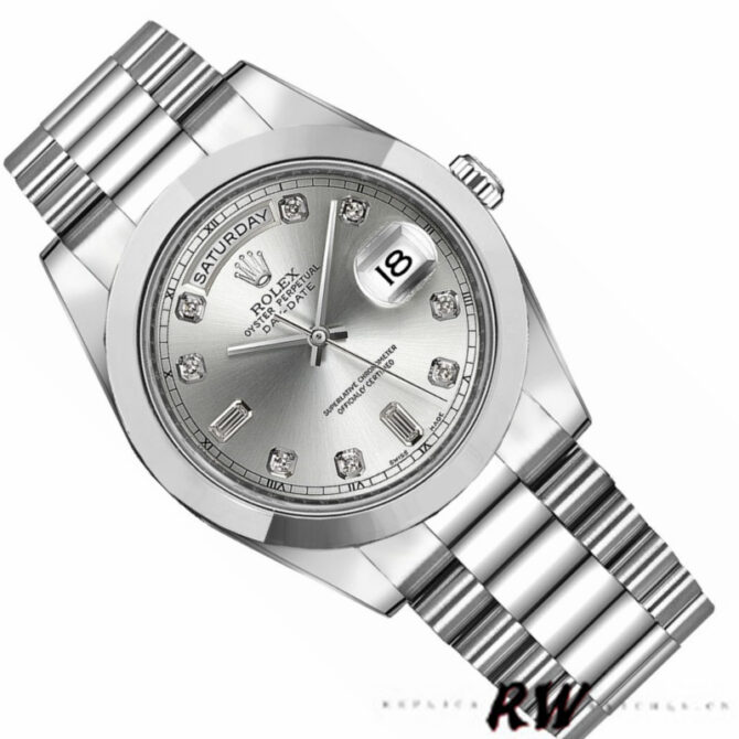 Replica Rolex Day-Date 218206 Silver Diamond Dial Platinum 41MM Mens Watch
