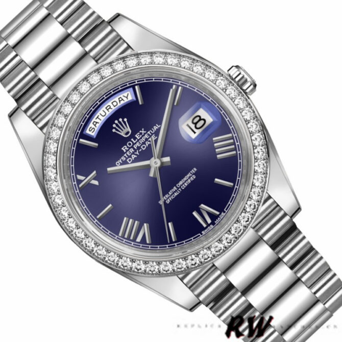 Replica Rolex Day-Date 228239 Diamond Paved Dial Fluted Bezel 40mm Mens Watch