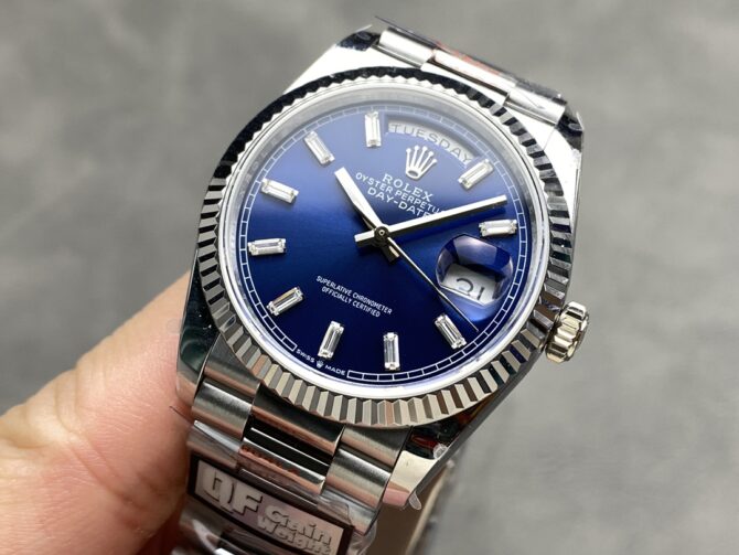 Replica Rolex Day Date 36 36mm Bright Blue Diamond-Set Dial Fluted Bezel Presi m128236 0023
