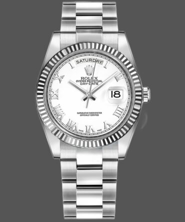 Replica Rolex Day-Date 118239 White Gold White Roman Numeral Dial 36mm Unisex Watch
