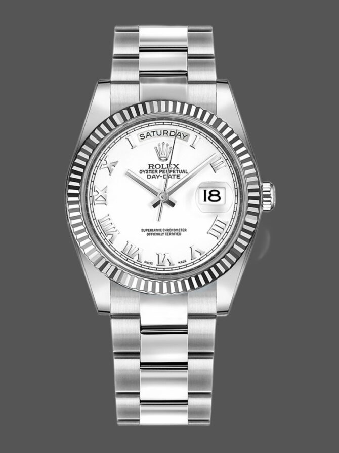 Replica Rolex Day-Date 118239 White Gold White Roman Numeral Dial 36mm Unisex Watch
